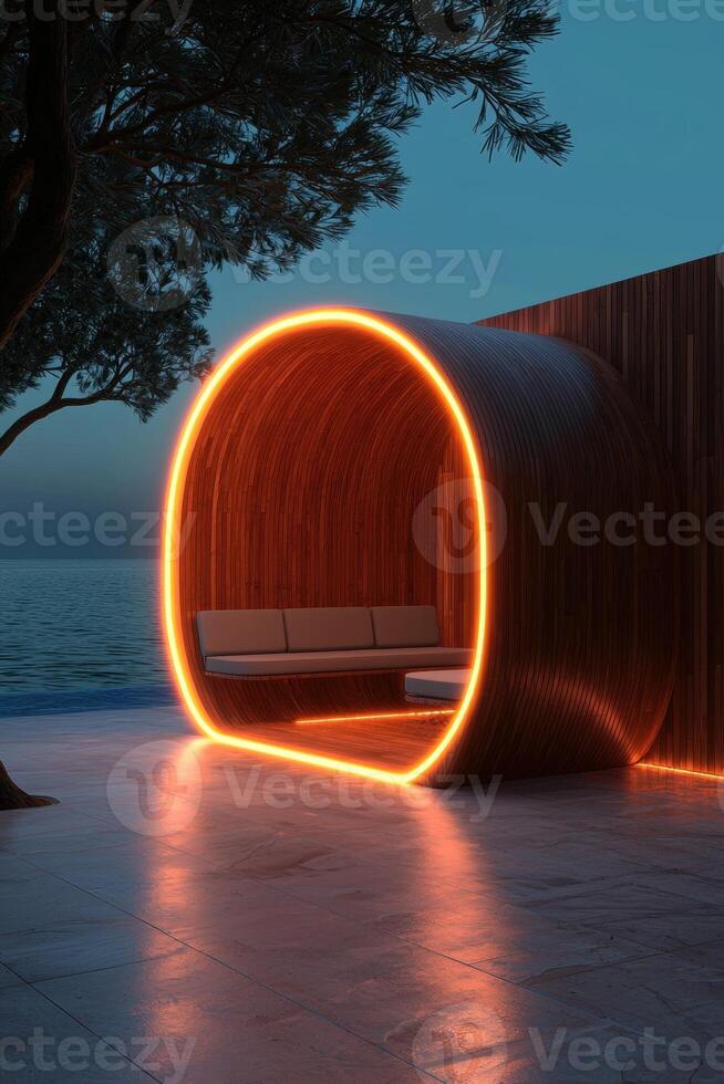 Illuminated wooden pod on a seaside terrace at dusk photo