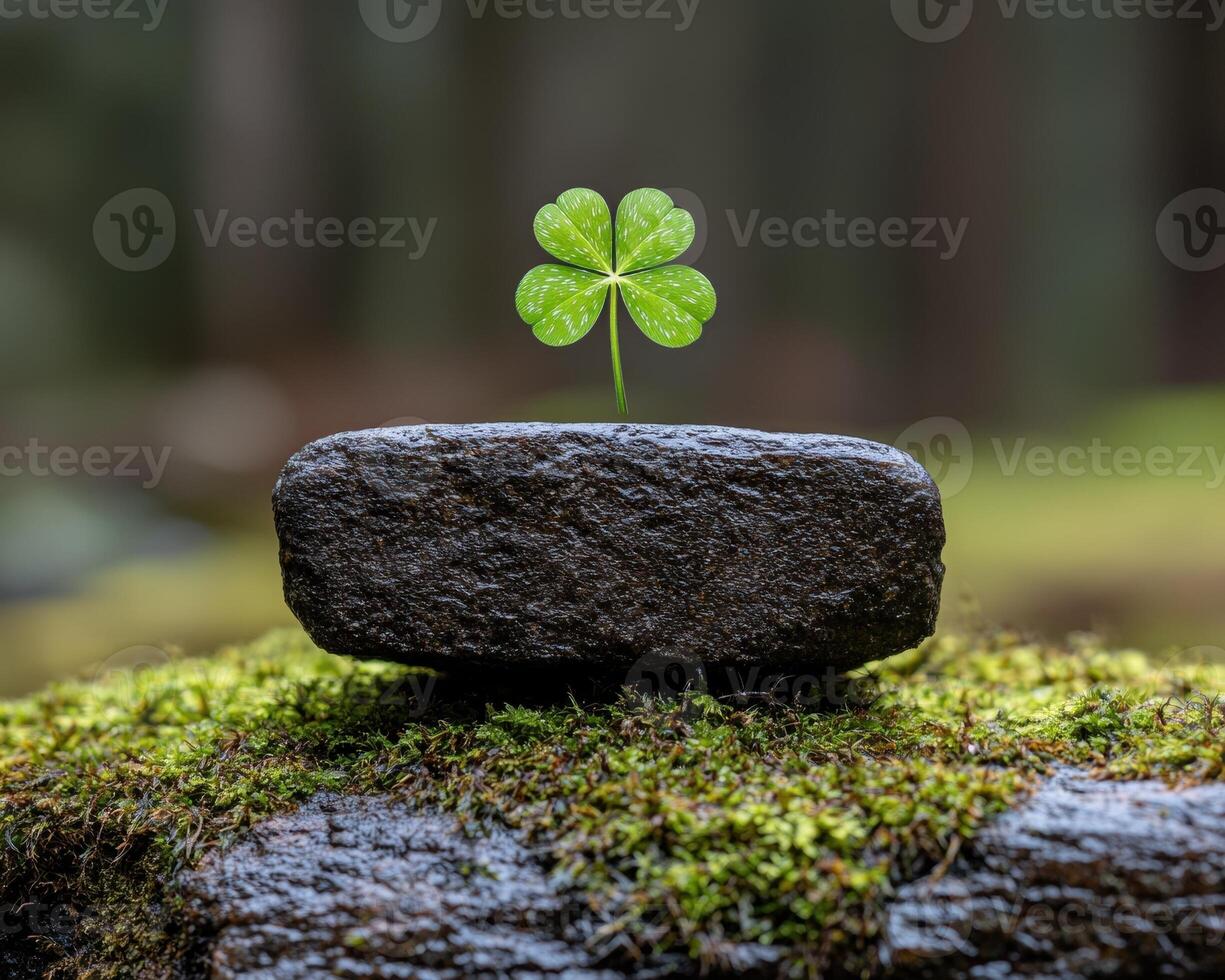 A four leaf clover growing from a rock covered in moss photo