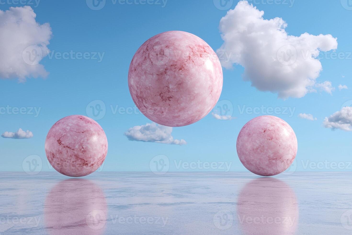 Three pink spheres float above a reflective surface under a blue sky with clouds photo