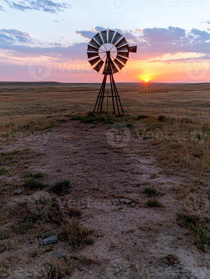 Windmill on the prairie at sunset photo