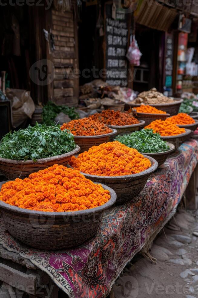 Baskets of colorful flowers and herbs for sale at a market photo