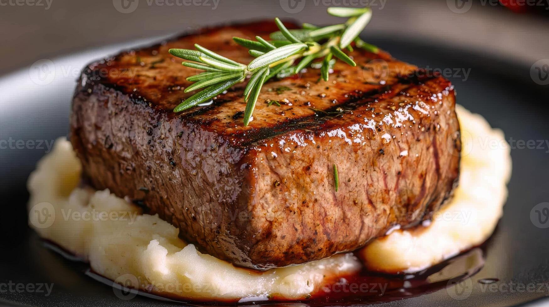 Juicy steak with mashed potatoes and rosemary photo