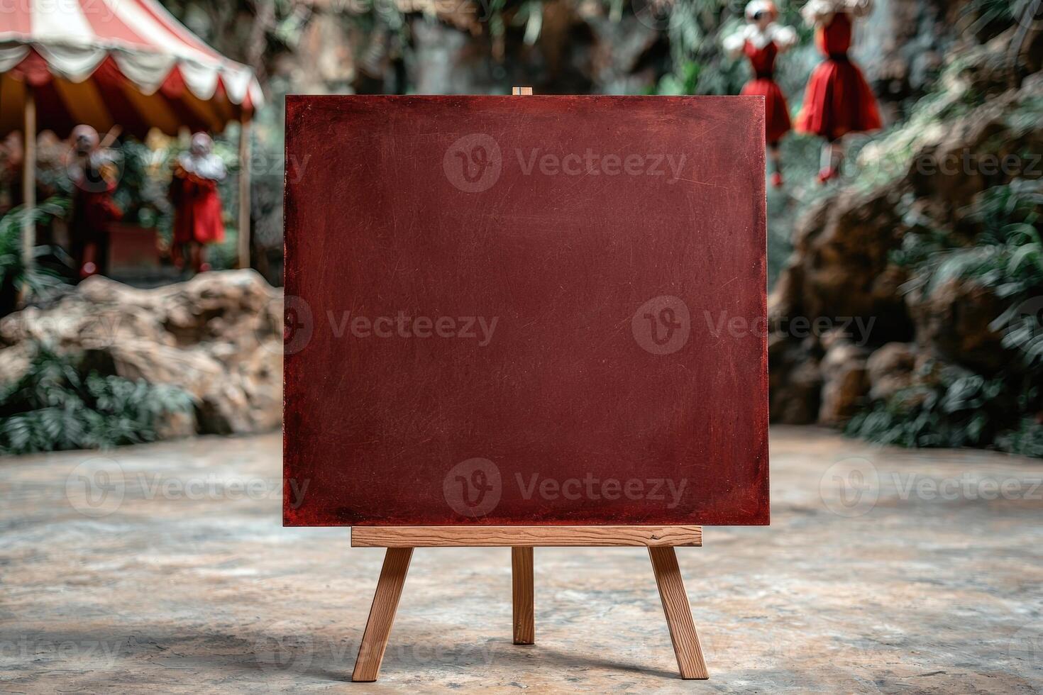 A blank maroon canvas on a wooden easel in an outdoor setting photo