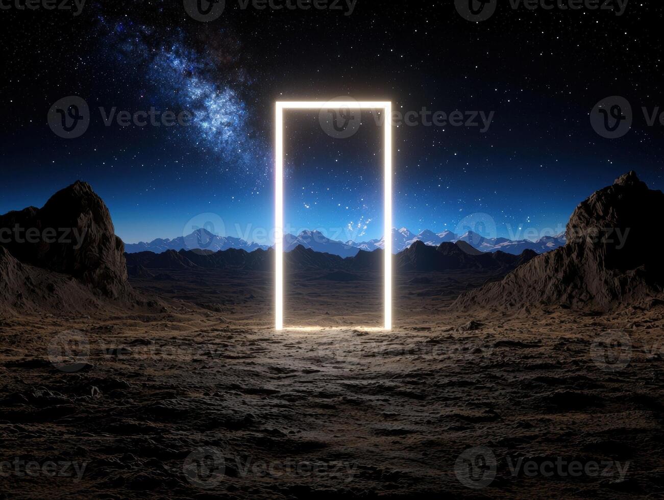 A glowing portal in a desolate landscape under a starry sky photo