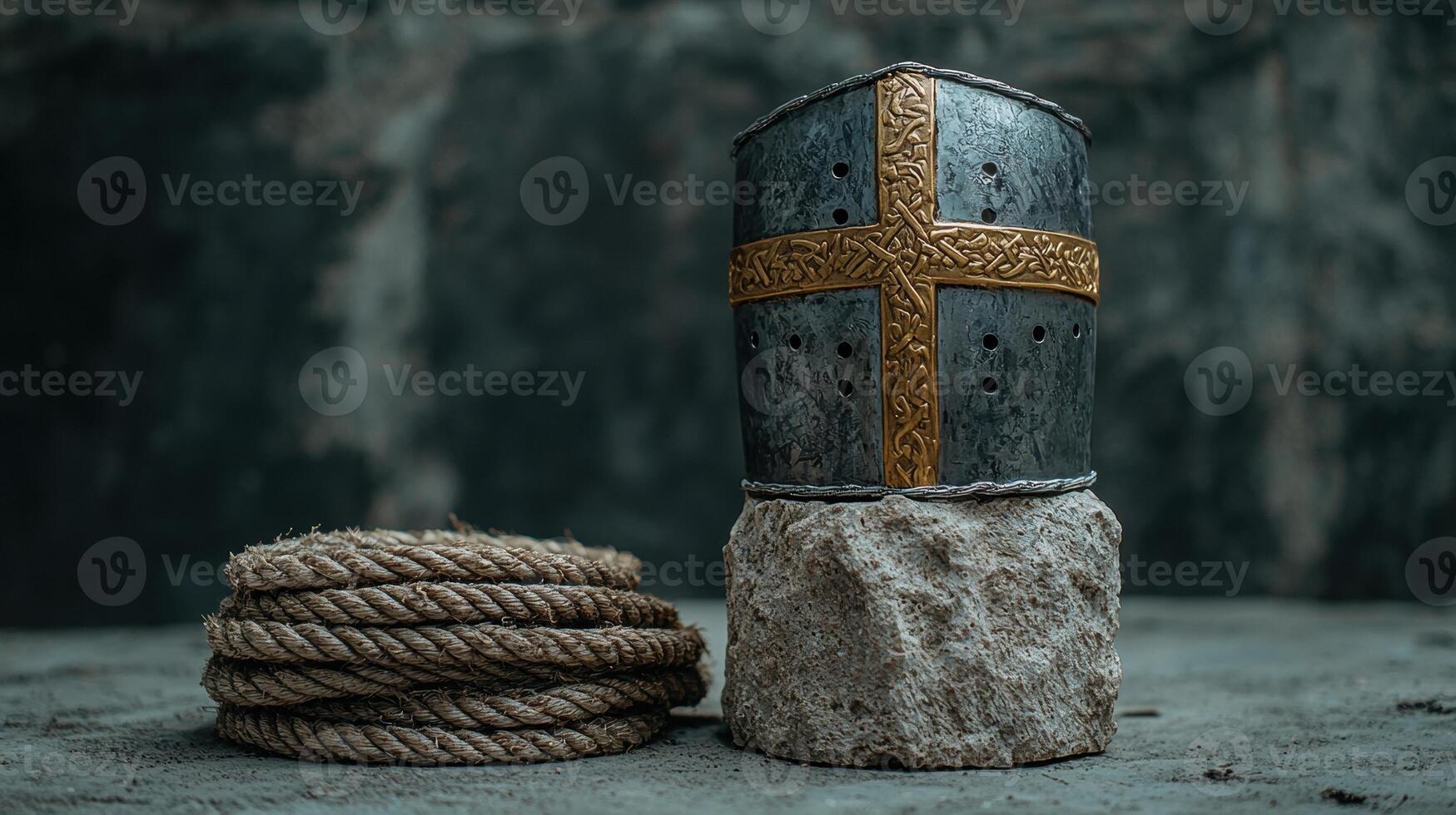 A crusader helmet sits on a rock next to a coil of rope photo
