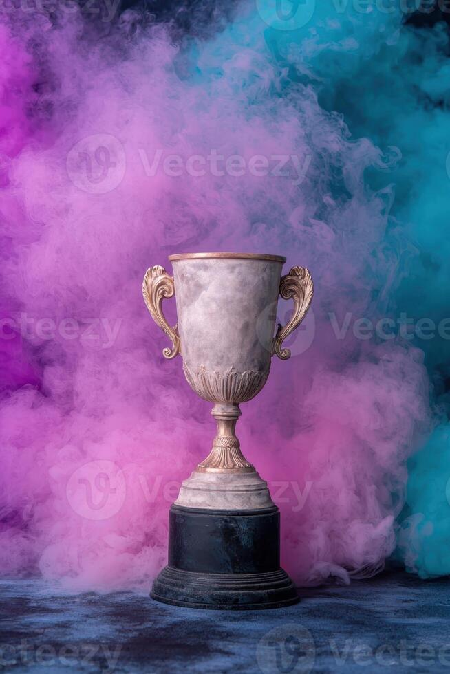 A trophy surrounded by colorful smoke photo