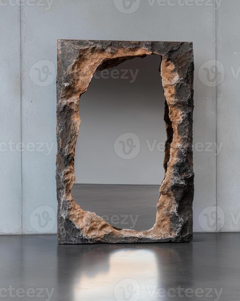 A unique mirror with a rough stone frame stands on a reflective floor photo