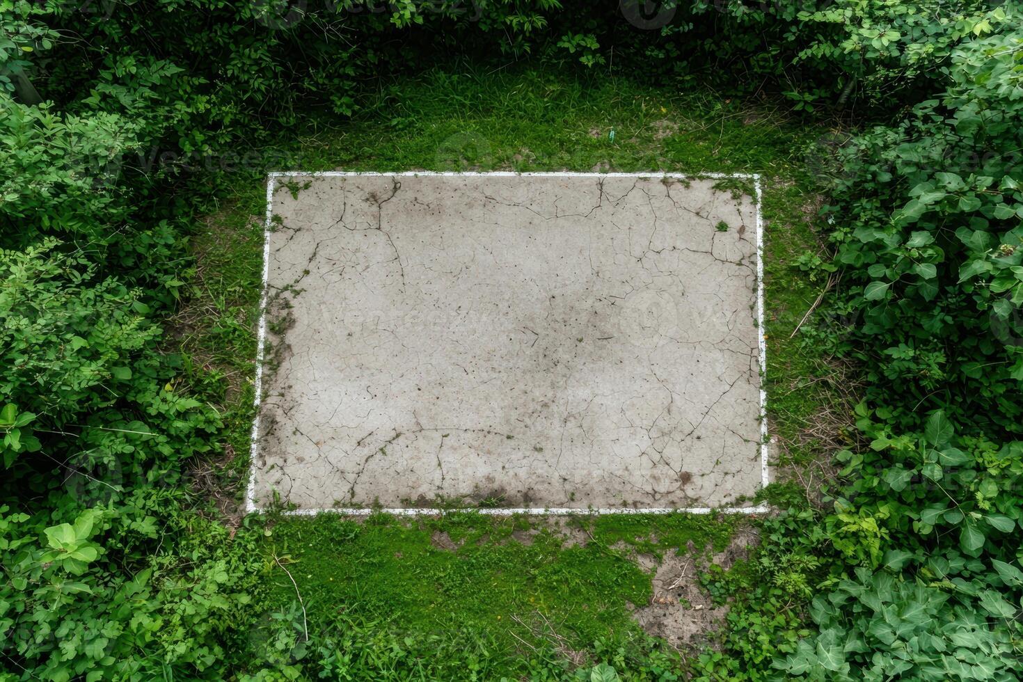 Aerial view of a cracked concrete square surrounded by lush greenery photo