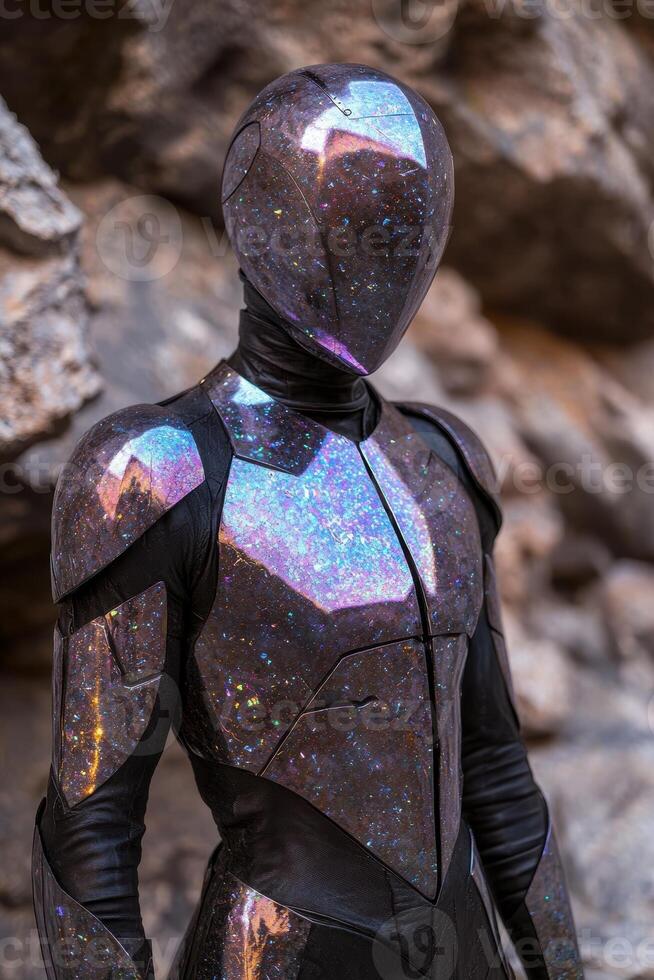 Futuristic astronaut suit with iridescent helmet photo