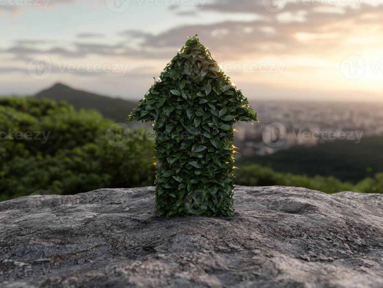 Green arrow pointing up on a rock, surrounded by nature photo