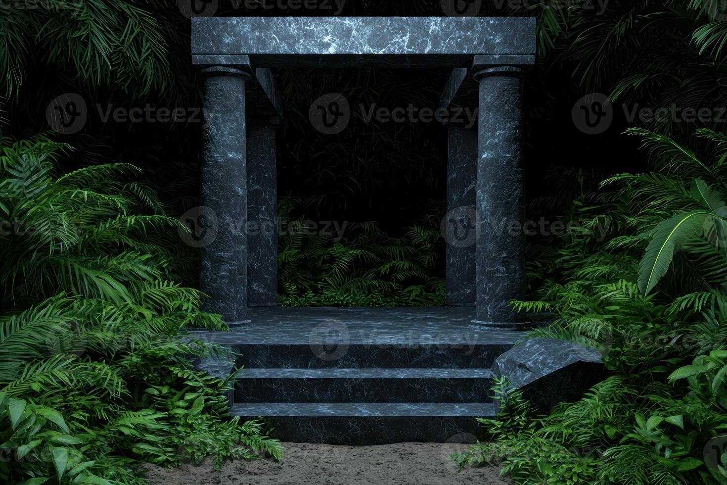 Mysterious stone portal in a lush jungle environment photo