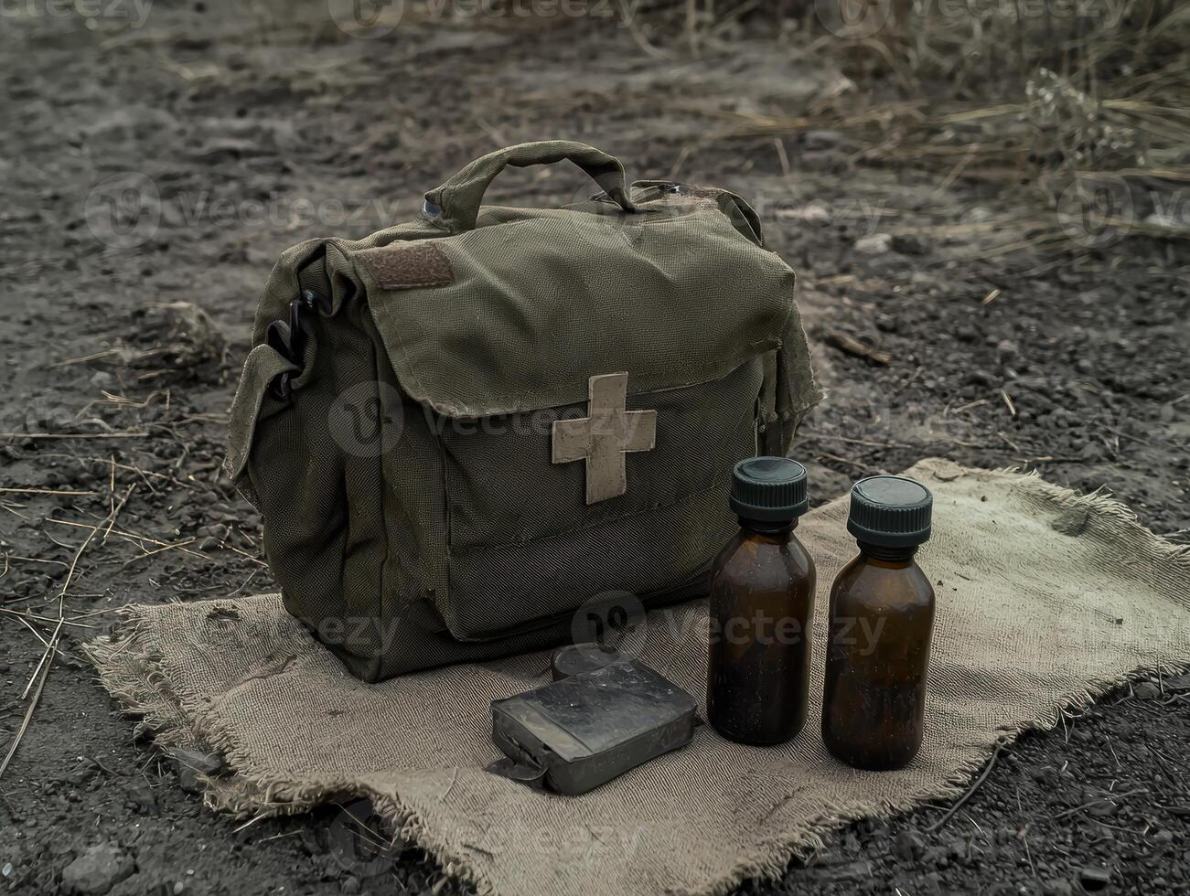Vintage first aid kit with medicine bottles on a burlap sack in a desolate environment photo
