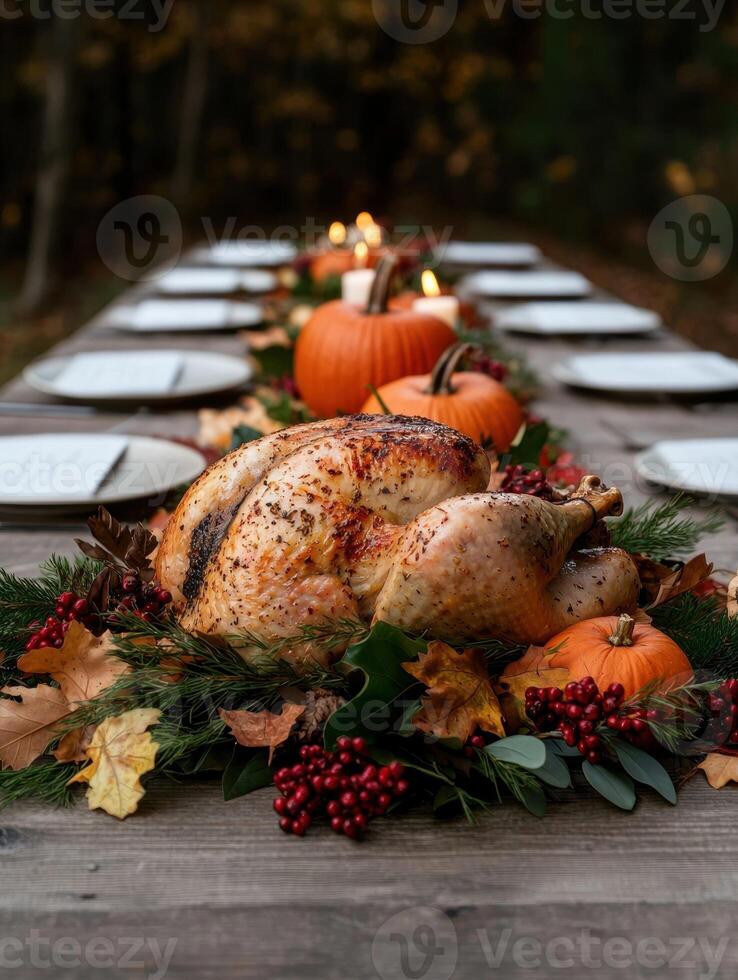 Festive Thanksgiving turkey centerpiece on a wooden table photo
