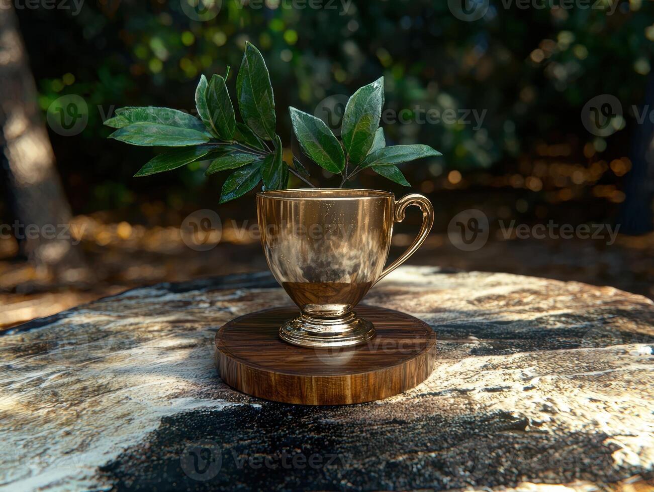 Golden trophy cup with leaves on a wooden surface in a forest setting photo