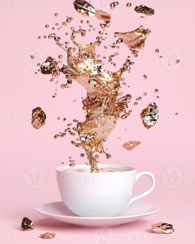 Golden liquid splashing into a white teacup on a pink background photo