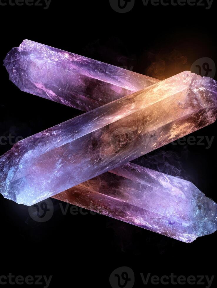 Three crystals of amethyst and citrine are arranged in a Z shape photo