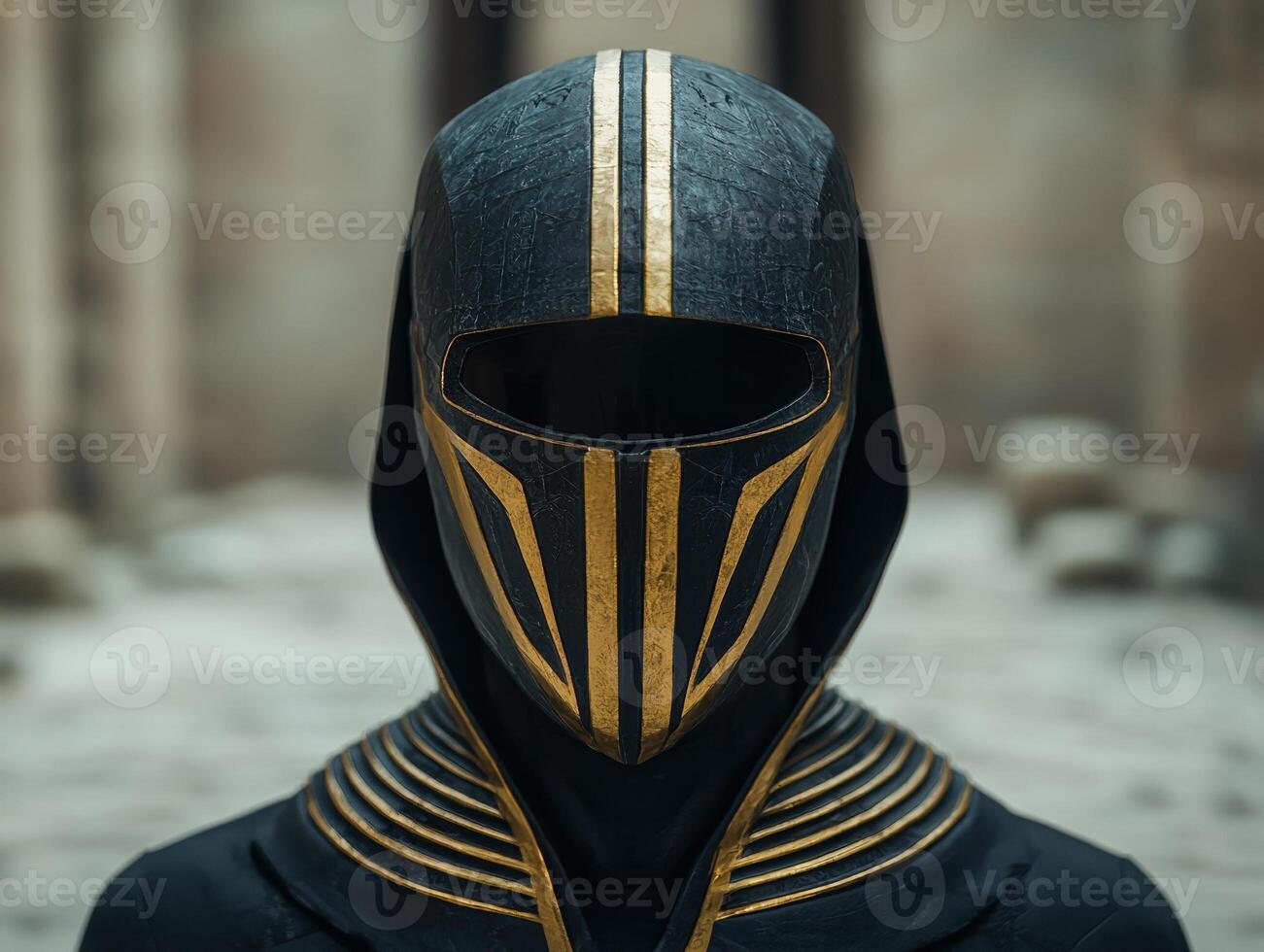 A hooded figure with a black and gold mask stands in front of an ancient building photo