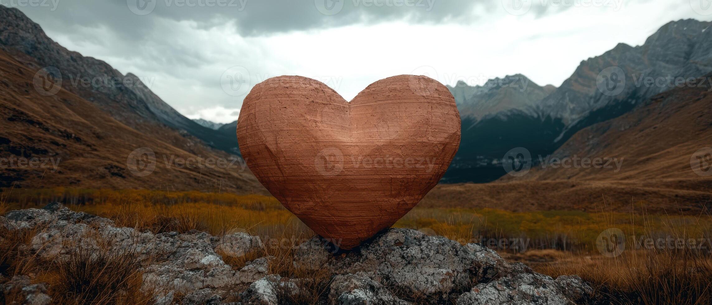 A large heart shaped rock sits on a rocky outcrop in a mountainous landscape photo