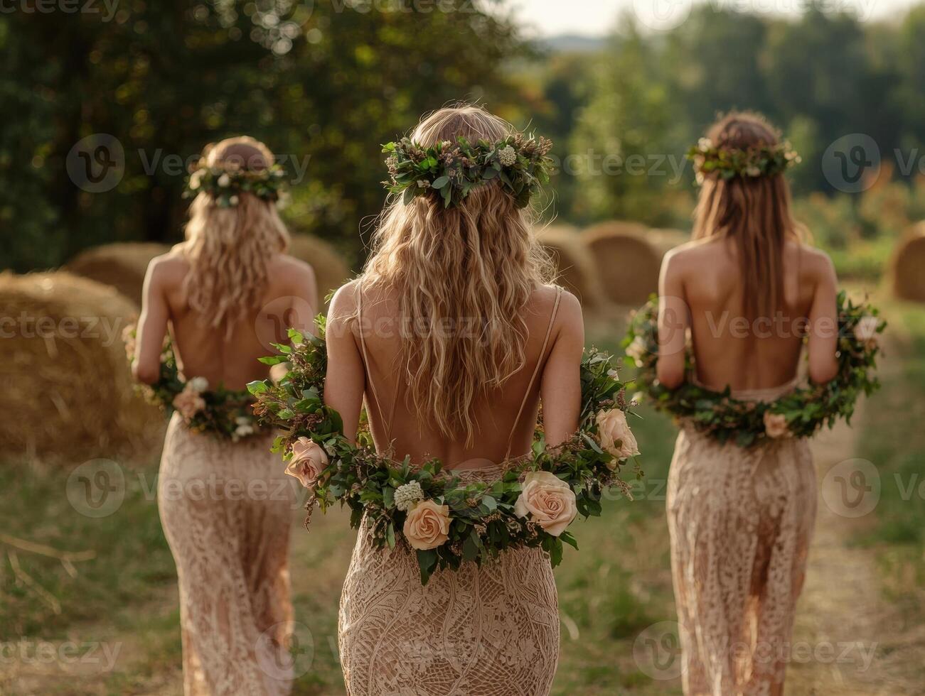 Bridesmaids in elegant dresses holding floral wreaths at an outdoor wedding photo