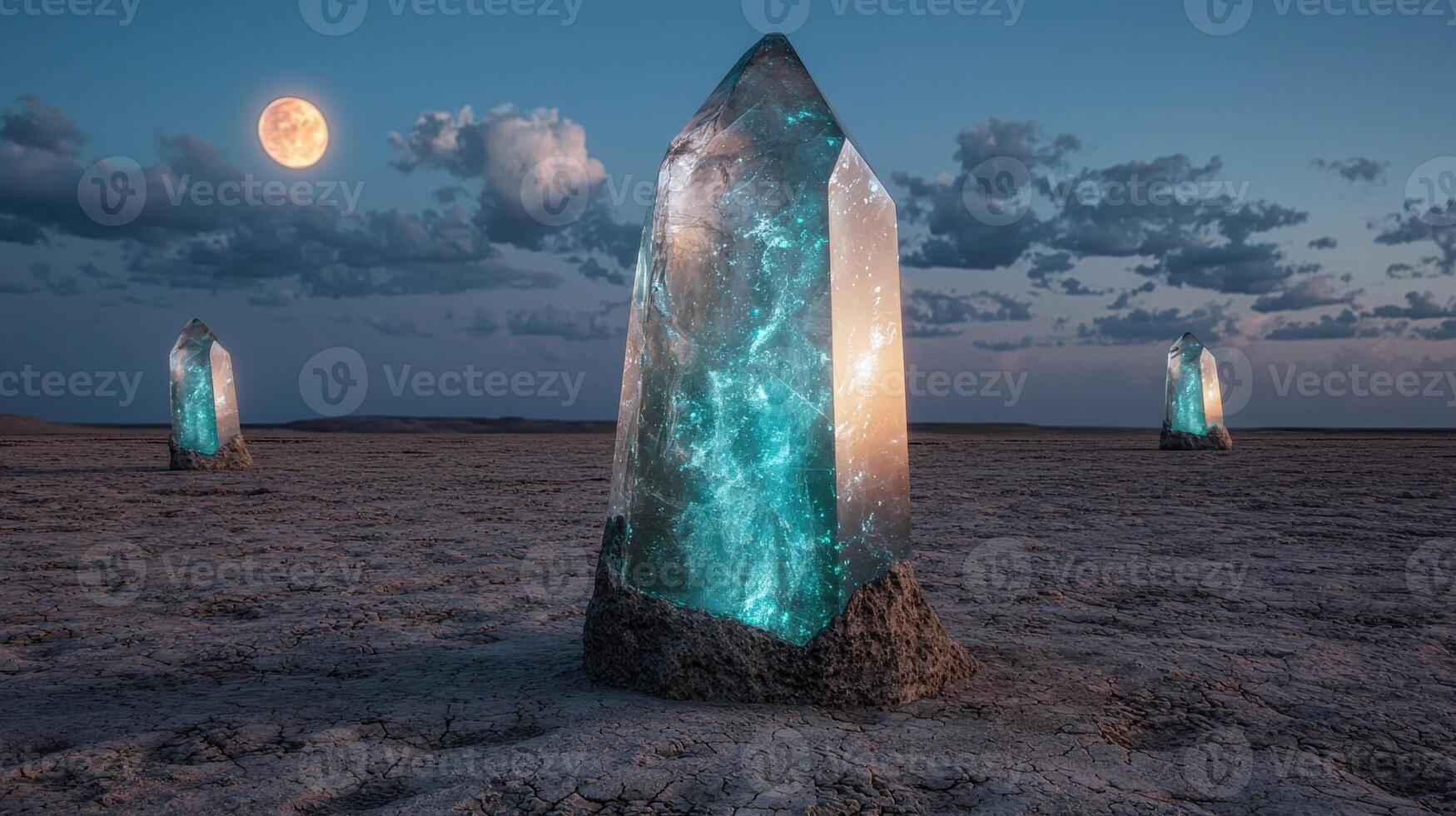 Crystal formations in a desert landscape at night under a full moon photo
