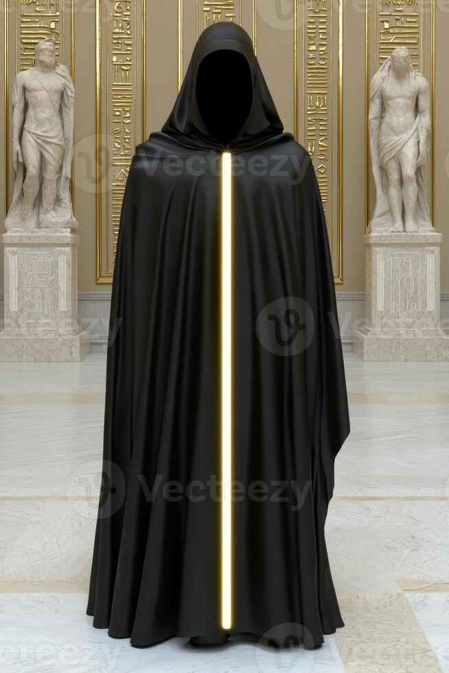 Mysterious figure in a dark robe with a glowing light in a grand hall photo