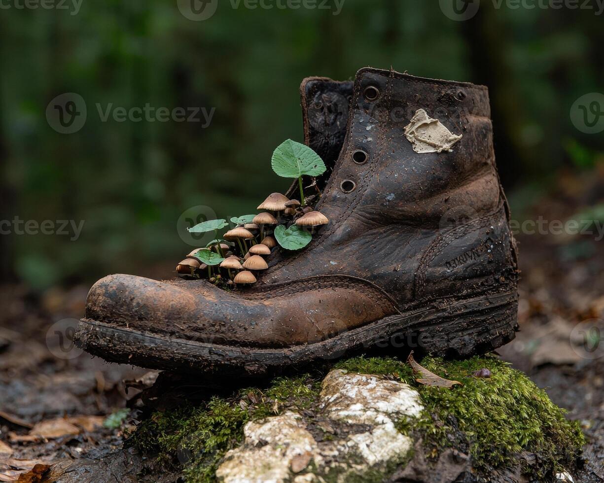 Old boot with mushrooms growing out of it in a forest setting photo