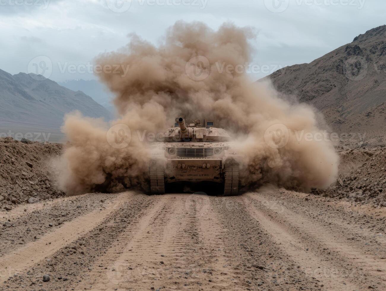 Tank driving through a dusty desert landscape photo