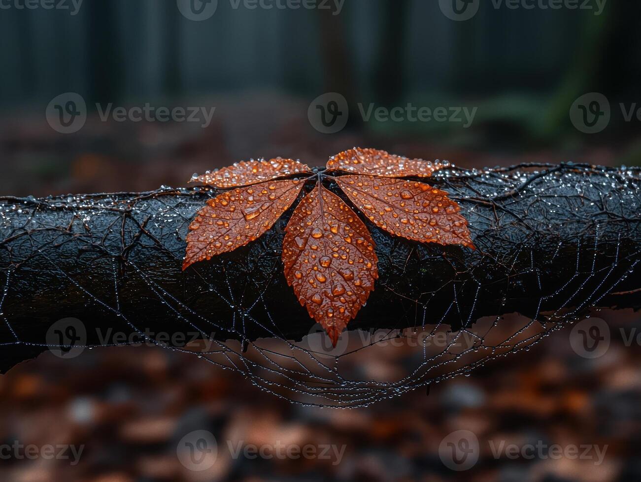 Autumn leaf covered in water droplets on a branch with spiderwebs photo