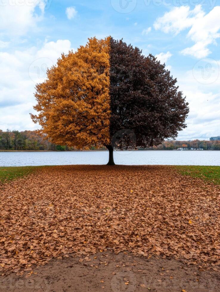 A tree with half autumn leaves and half dark leaves by a lake photo