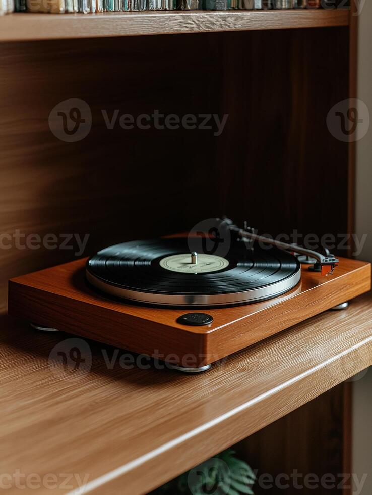Vintage record player on a wooden shelf photo