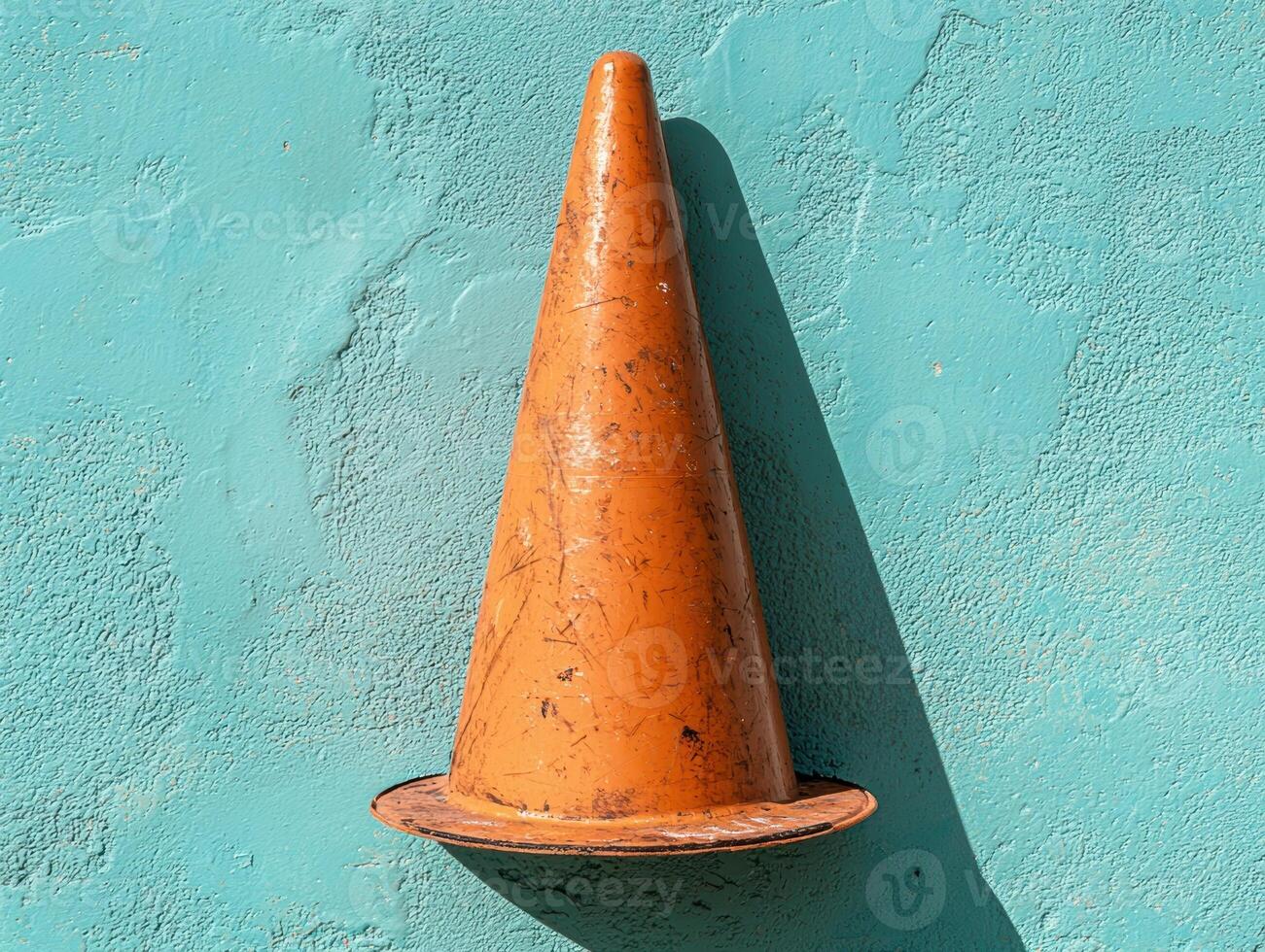 A weathered orange traffic cone stands against a textured blue wall photo