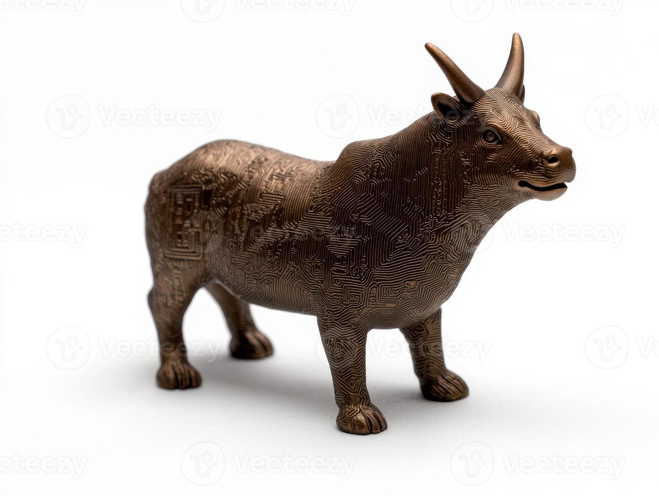 Bronze bull statue with circuit board pattern on white background photo
