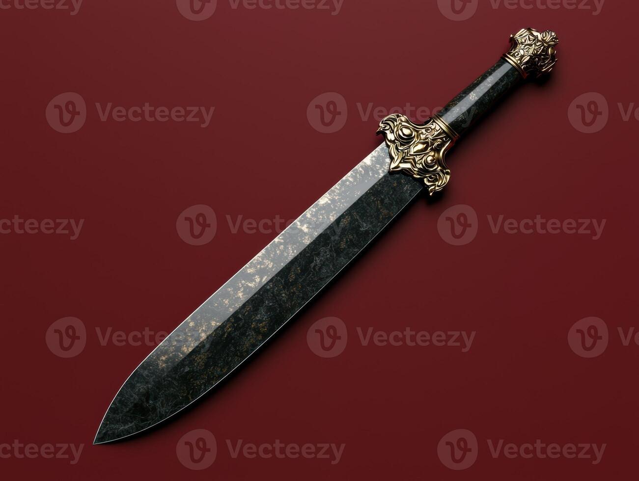 A decorative sword with a golden hilt on a red background photo