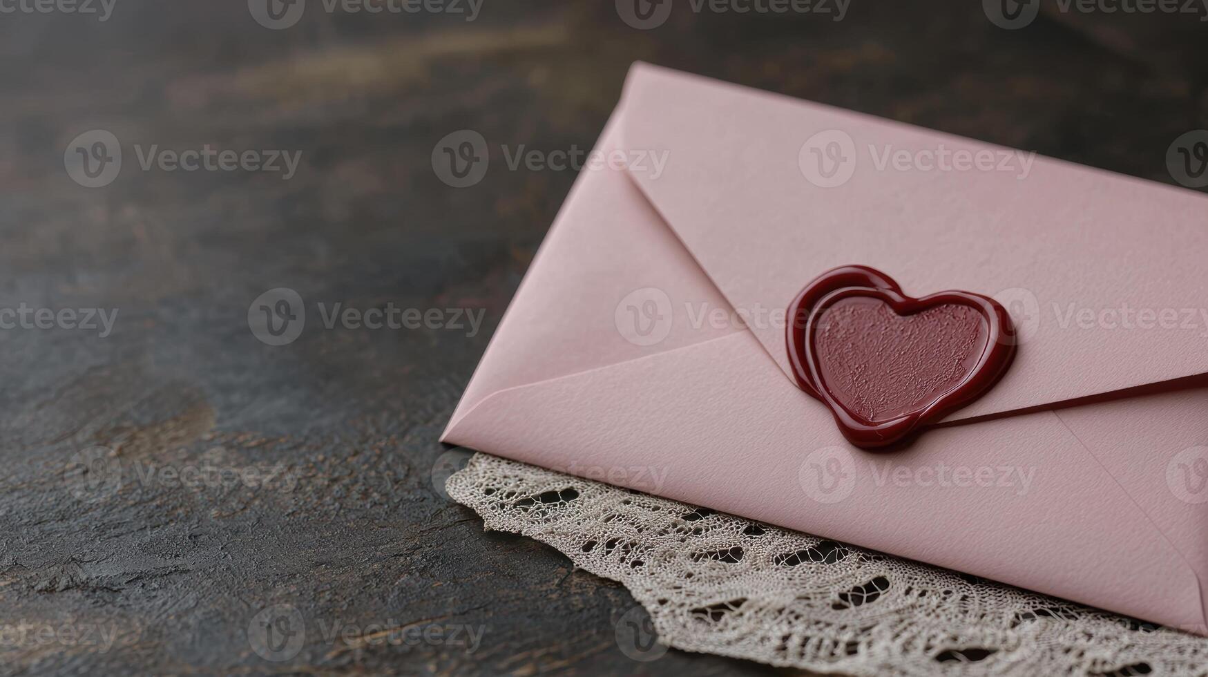 A pink envelope sealed with a heart on a lace doily photo
