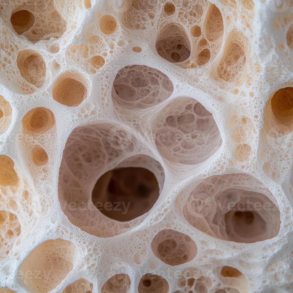 Close up of a porous, sponge like material with numerous holes and intricate textures photo
