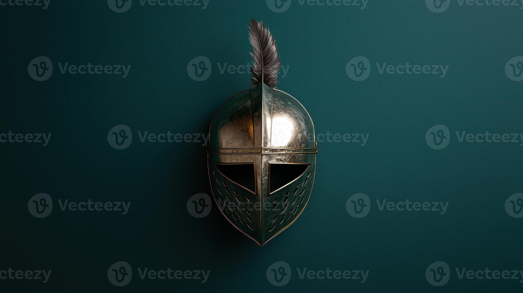 Medieval knight helmet with feather on a dark background photo