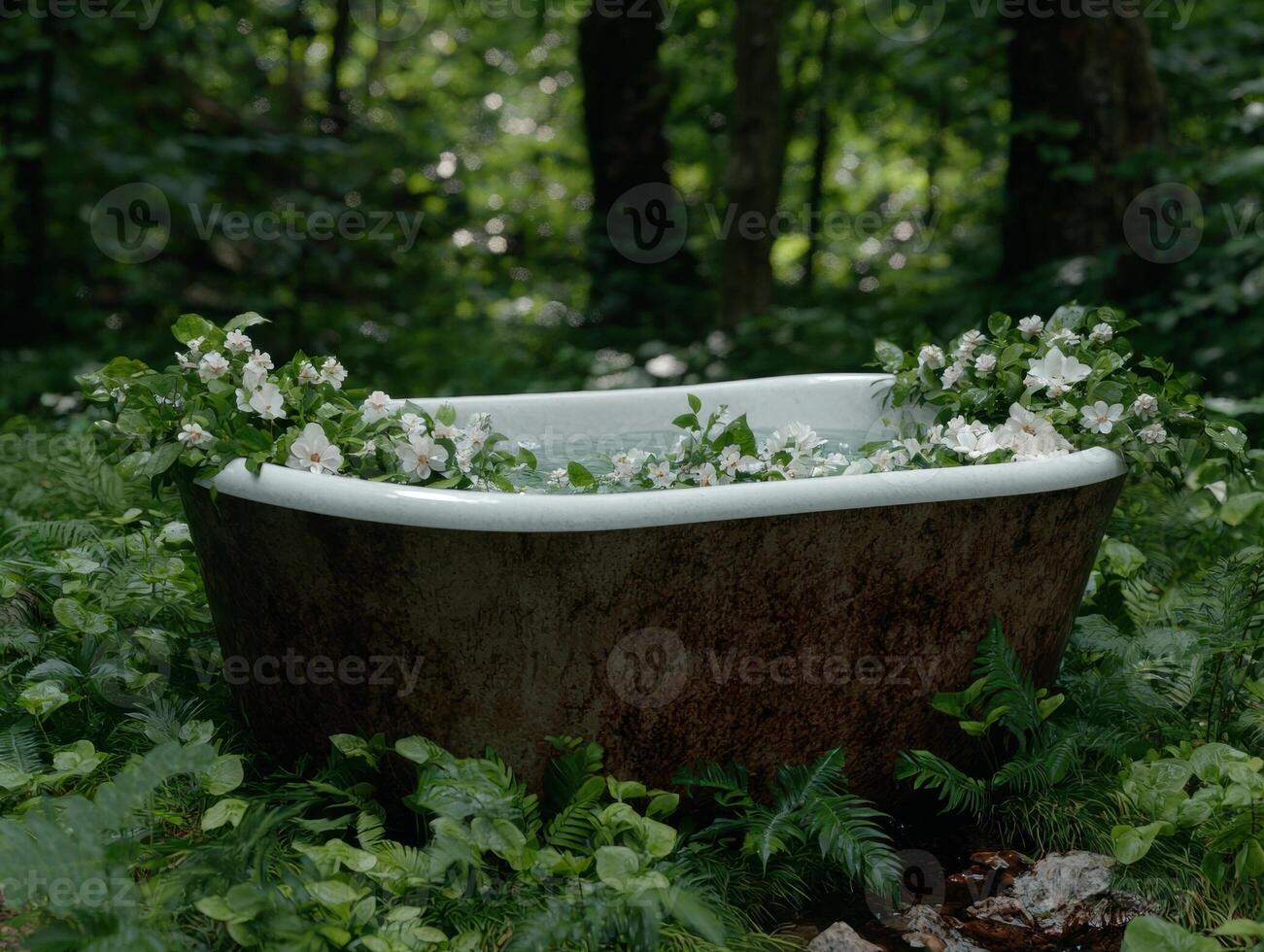 A rustic bathtub filled with water and flowers sits in a lush forest setting photo