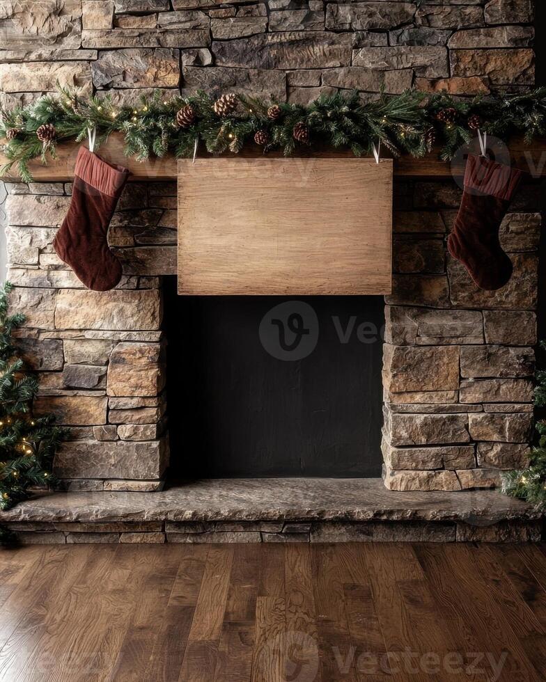 A festive fireplace decorated with Christmas stockings and garland photo
