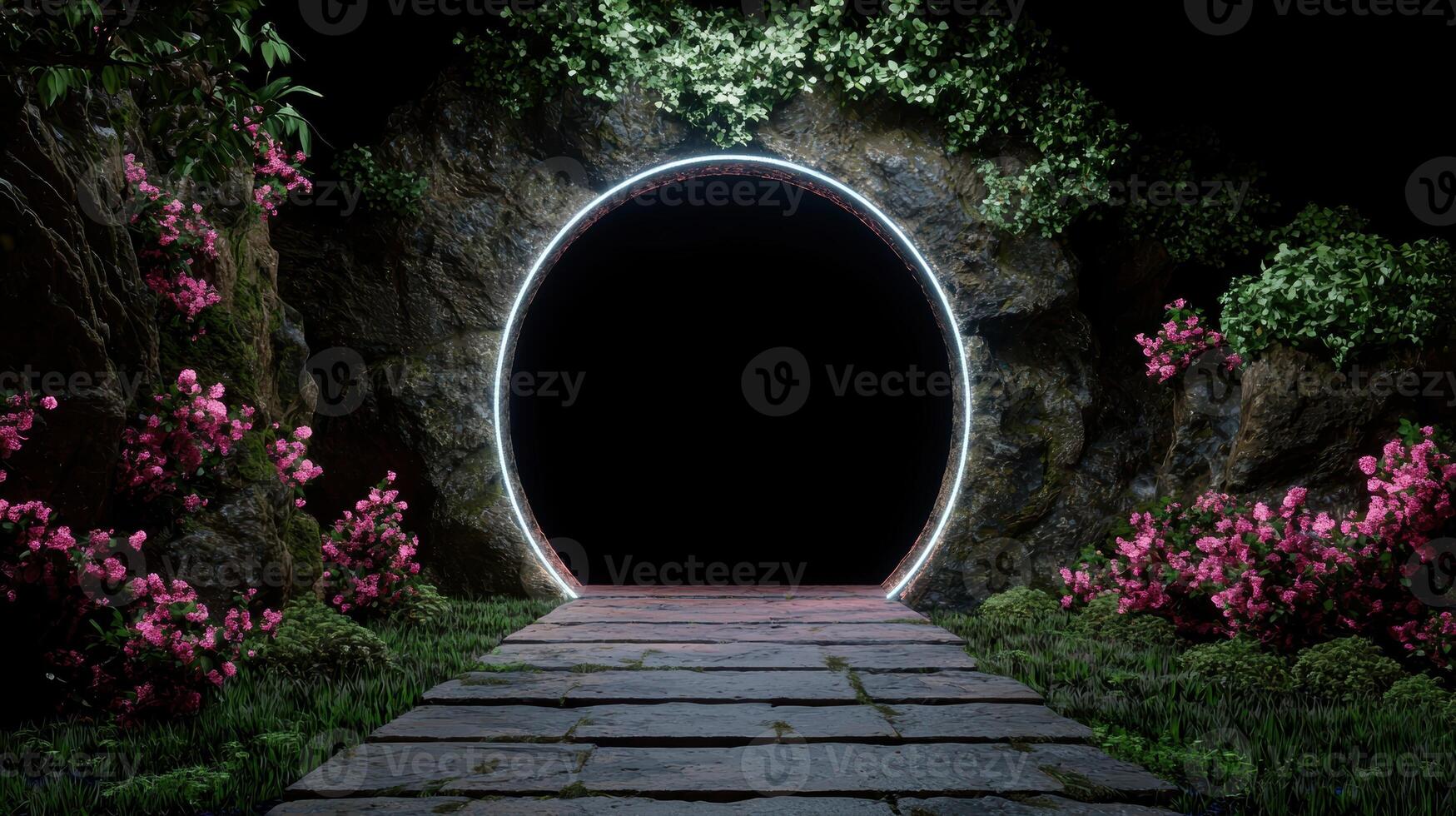 A portal in a garden with a stone path leading to a glowing circle photo