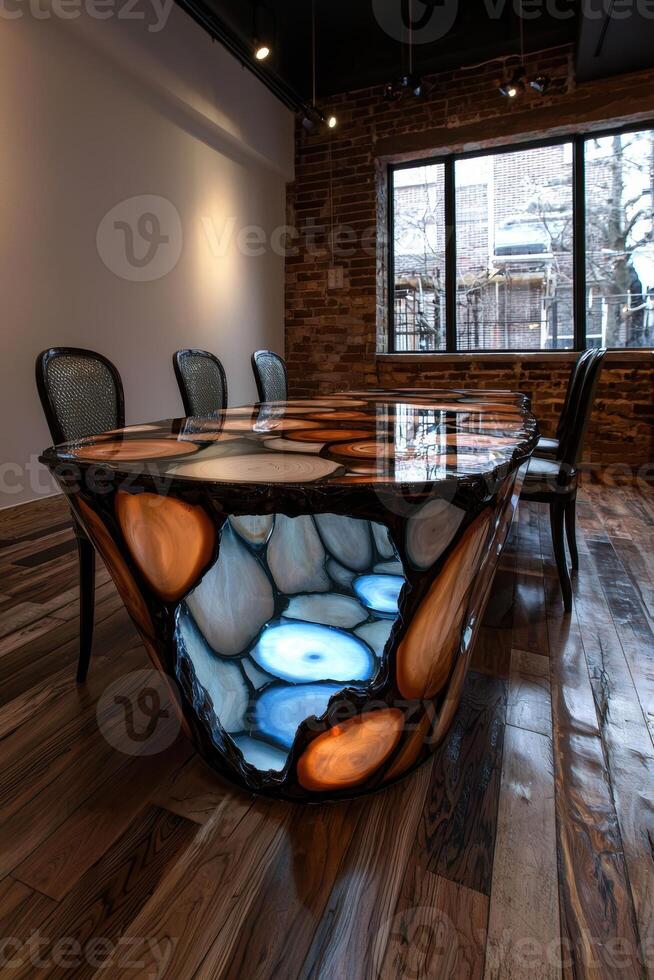 A unique agate table with blue lighting in a modern interior photo