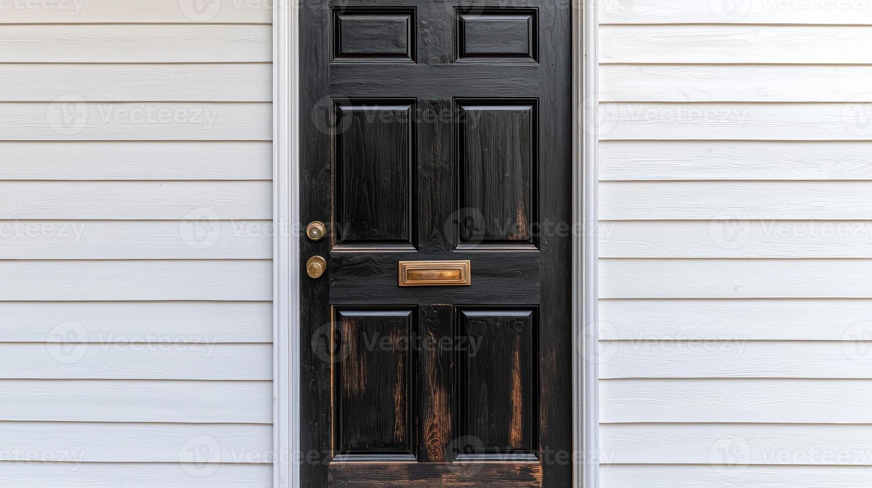A black wooden door with a brass mail slot photo