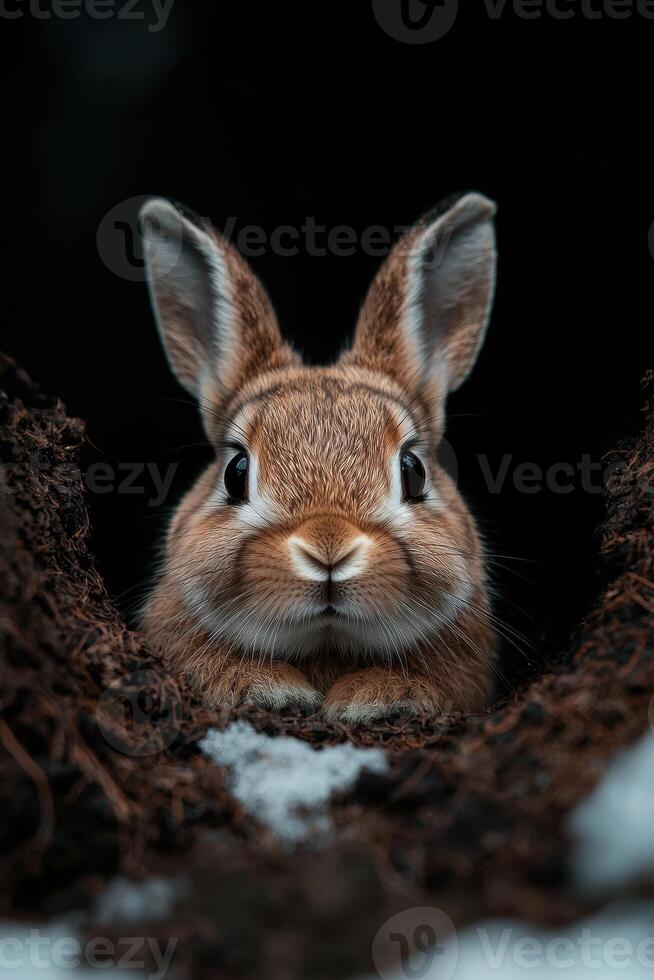 A cute brown rabbit peeks out from its burrow photo