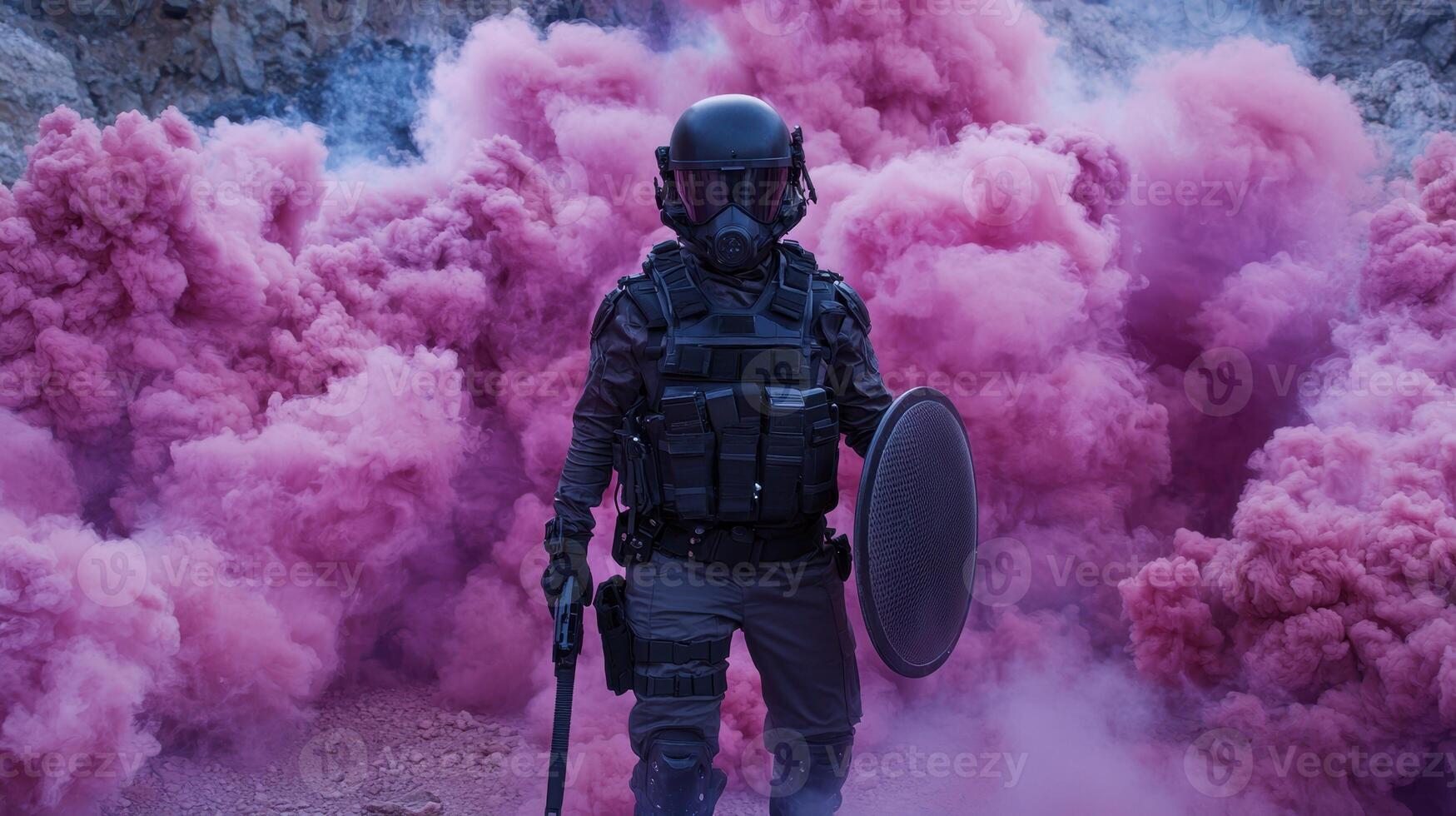 A riot control officer stands in a cloud of pink smoke photo