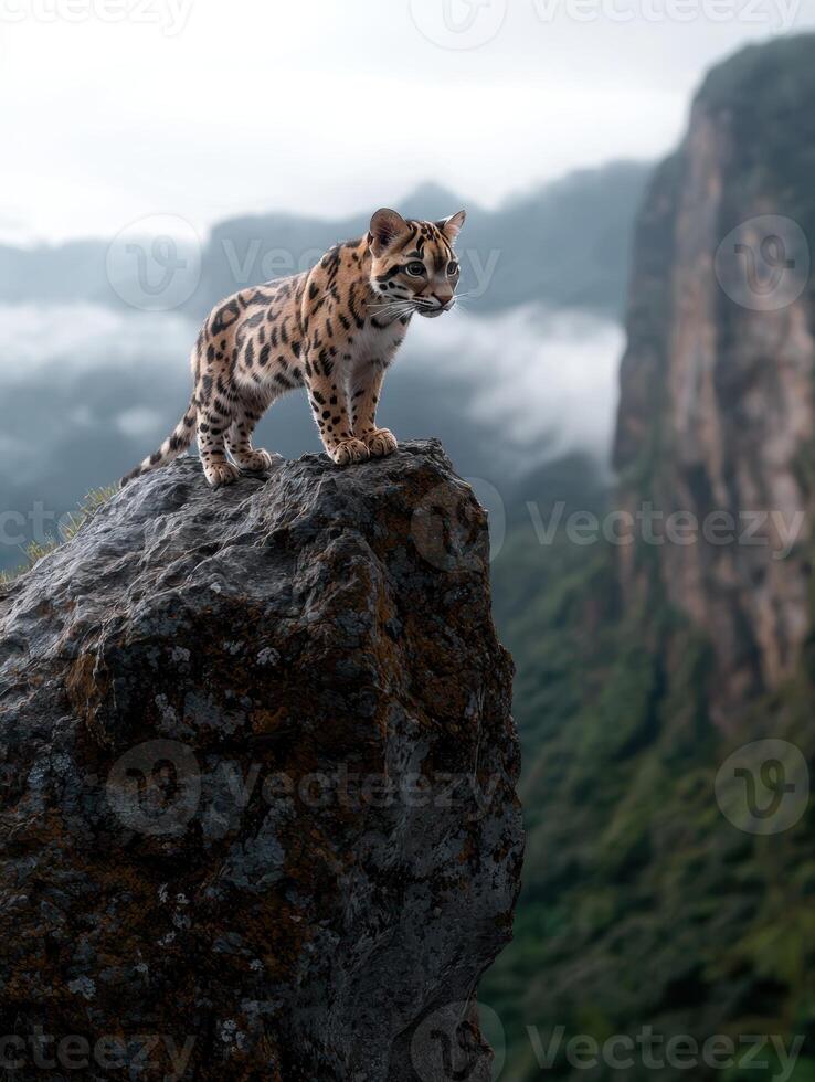 Ocelot perched on a rock in a mountainous landscape photo