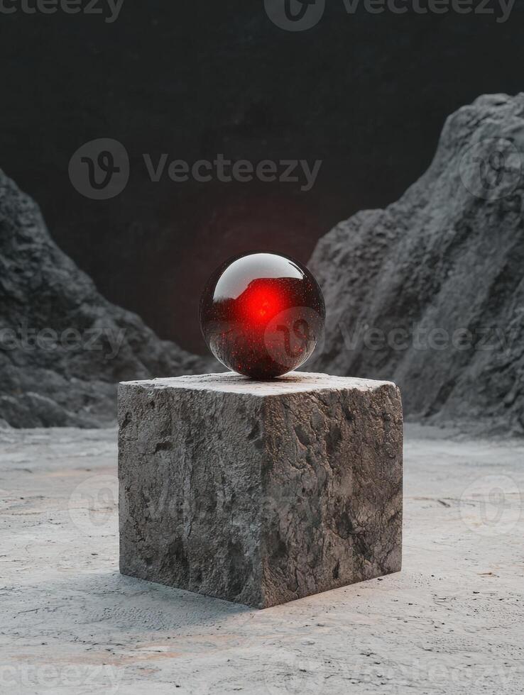 Glowing red orb on stone cube in a desolate landscape photo