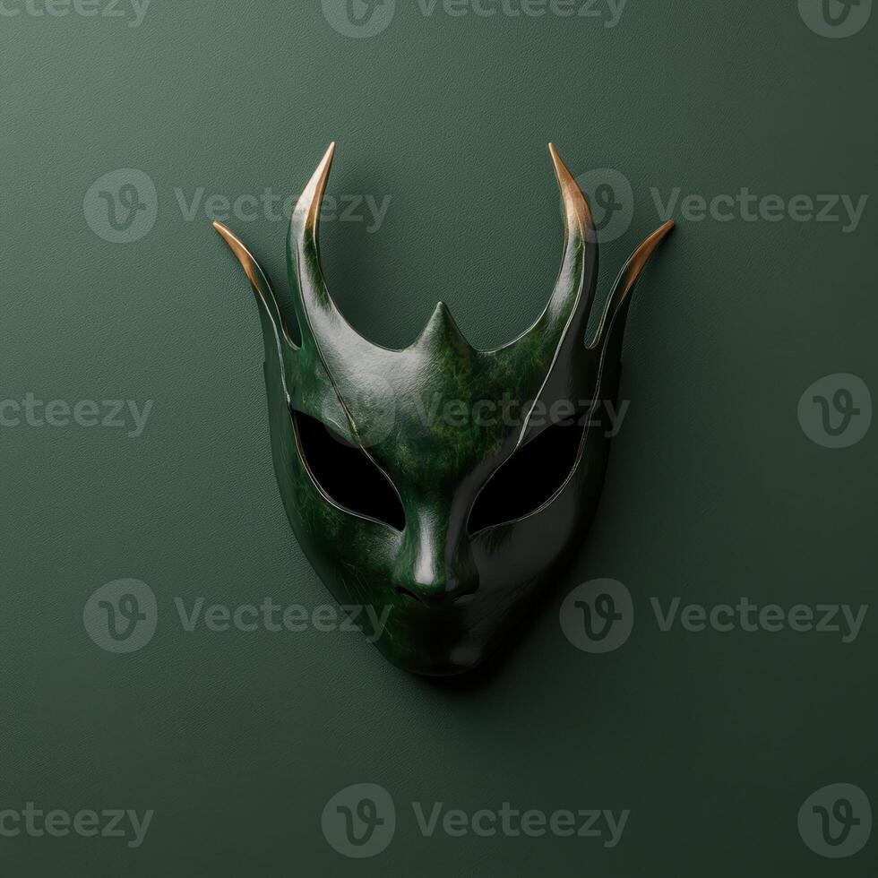 A green mask with golden horns on a dark green background photo