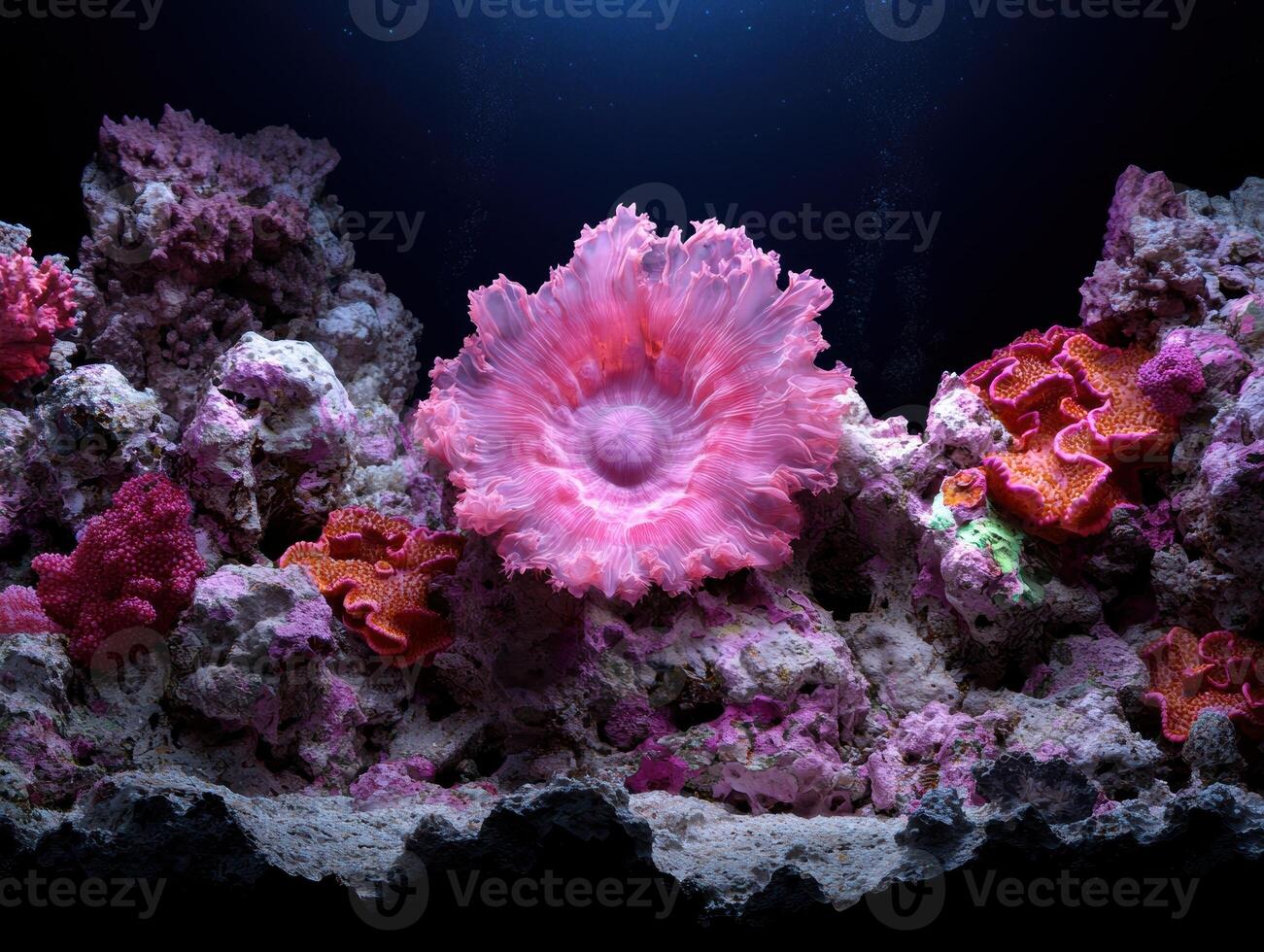 A vibrant sea anemone thrives in a coral reef ecosystem photo