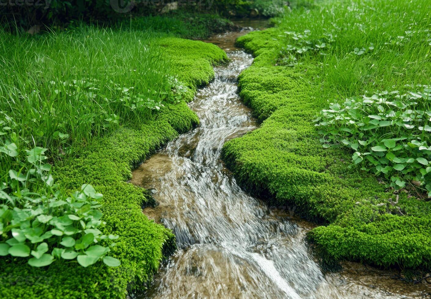 A tranquil stream flows through lush green moss and grass photo