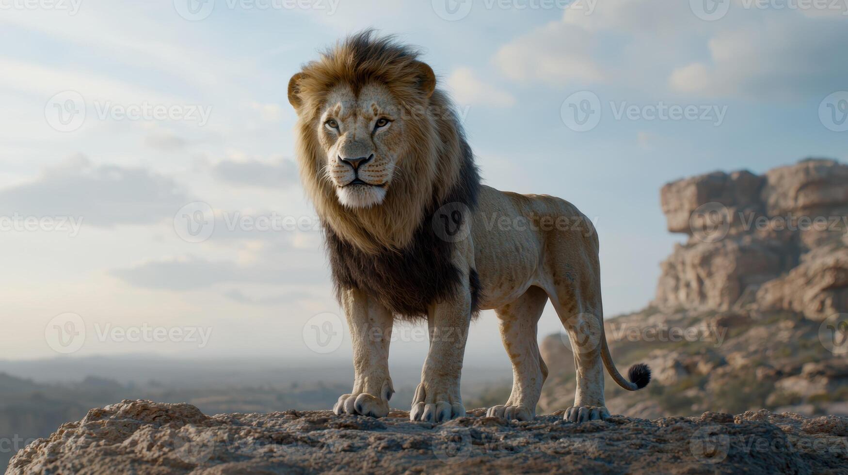 Majestic lion standing proudly on a rocky landscape photo