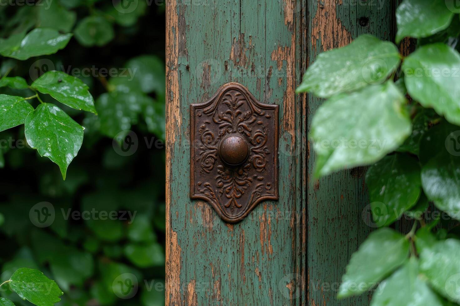 An old green door with a decorative metal knob surrounded by foliage photo